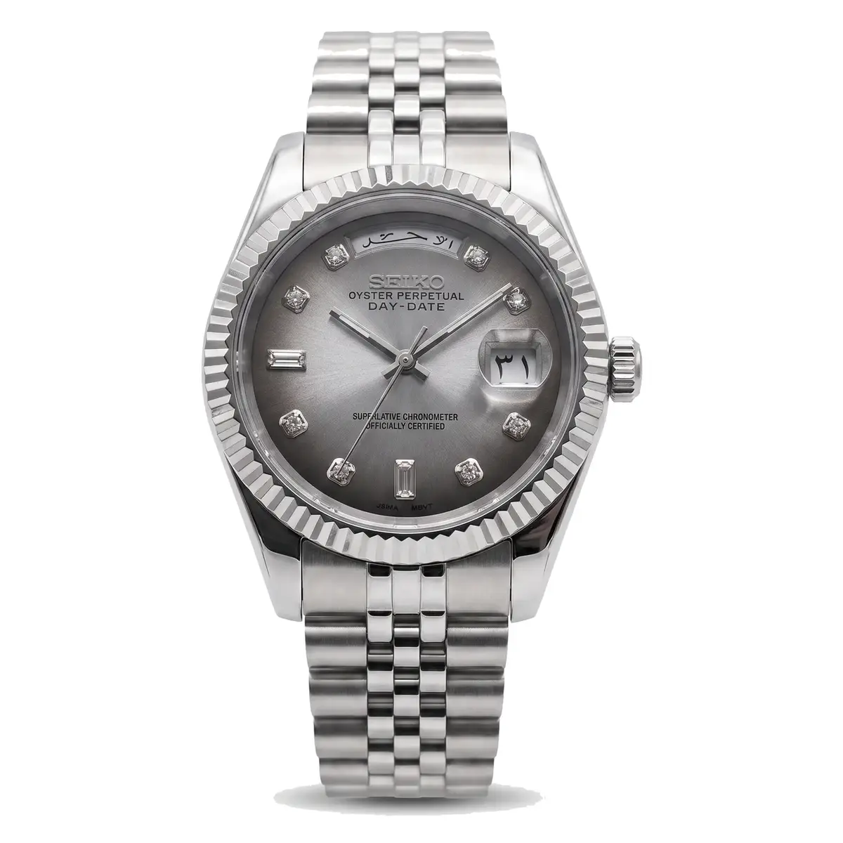 Seiko mod day date grey sunburst diamond dial Arabic day wheel NH35 automatic Jubilee bracelet