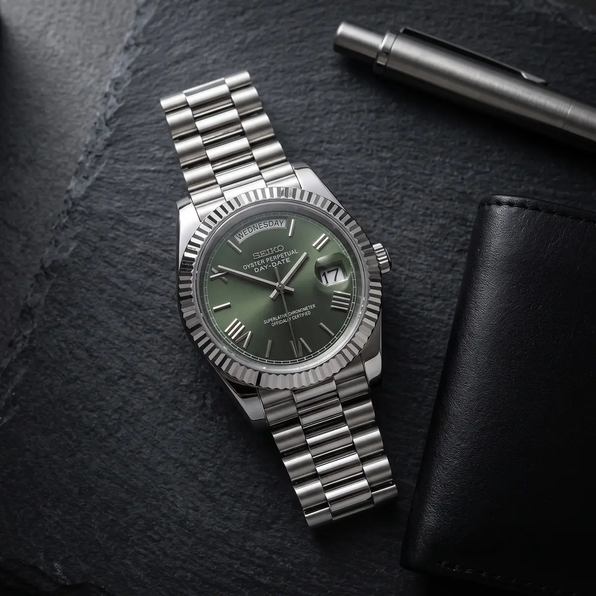Seiko Mod Uhr DAY MOD – OLIVE ROMAN – Flatlay auf Schiefer – MedoMods