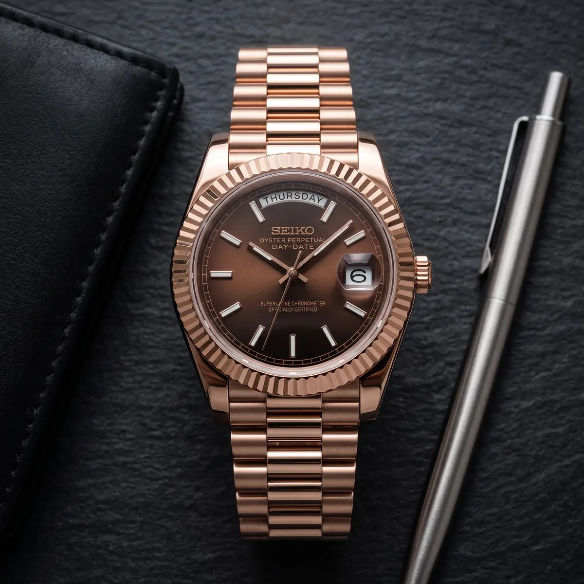 Seiko Mod Uhr DAY MOD – ROSÉGOLD – SCHOKOLADENBRAUN – Flatlay auf Schiefer – MedoMods