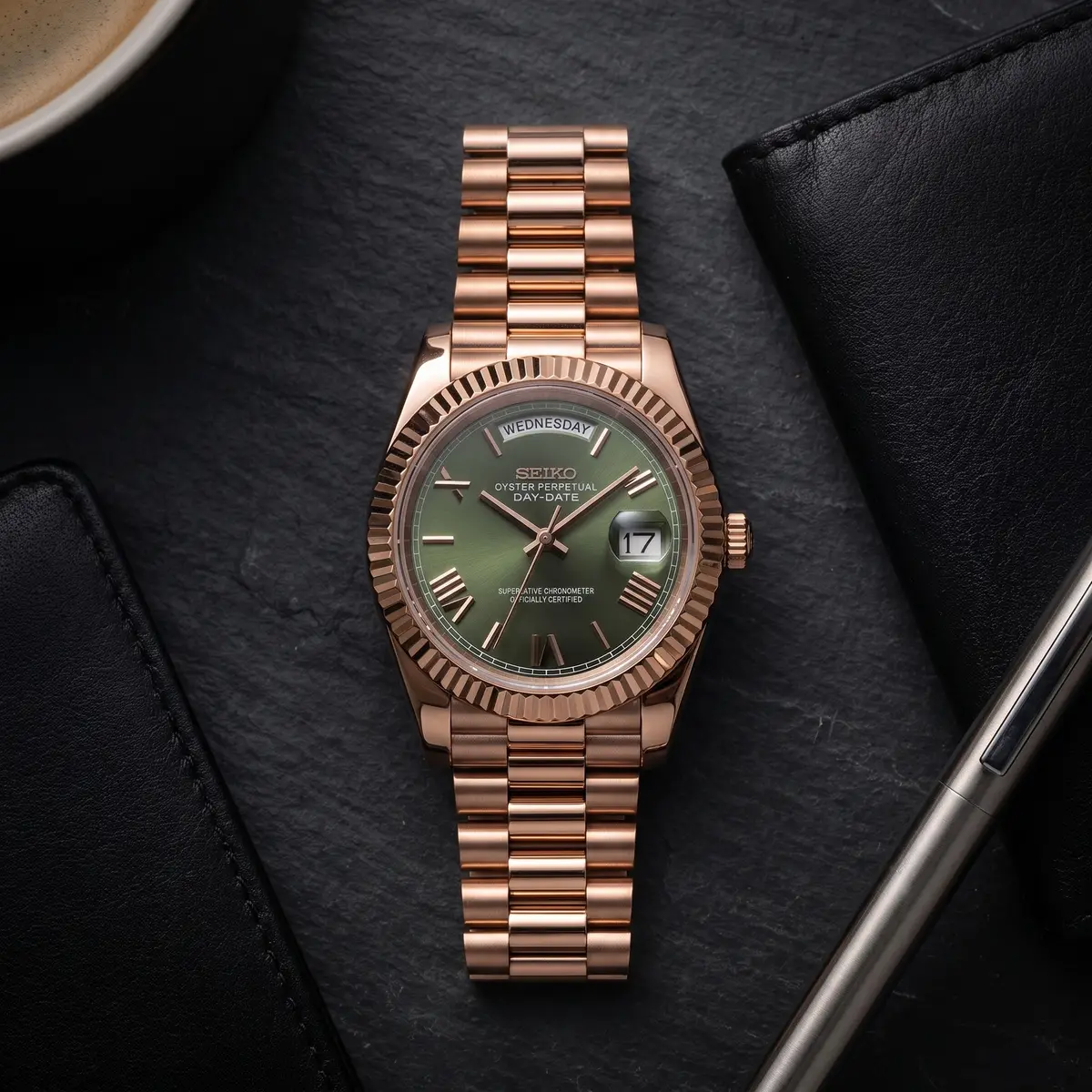 Seiko Mod Uhr DAY MOD – ROSÉGOLD – OLIV – Flatlay auf Schiefer – MedoMods