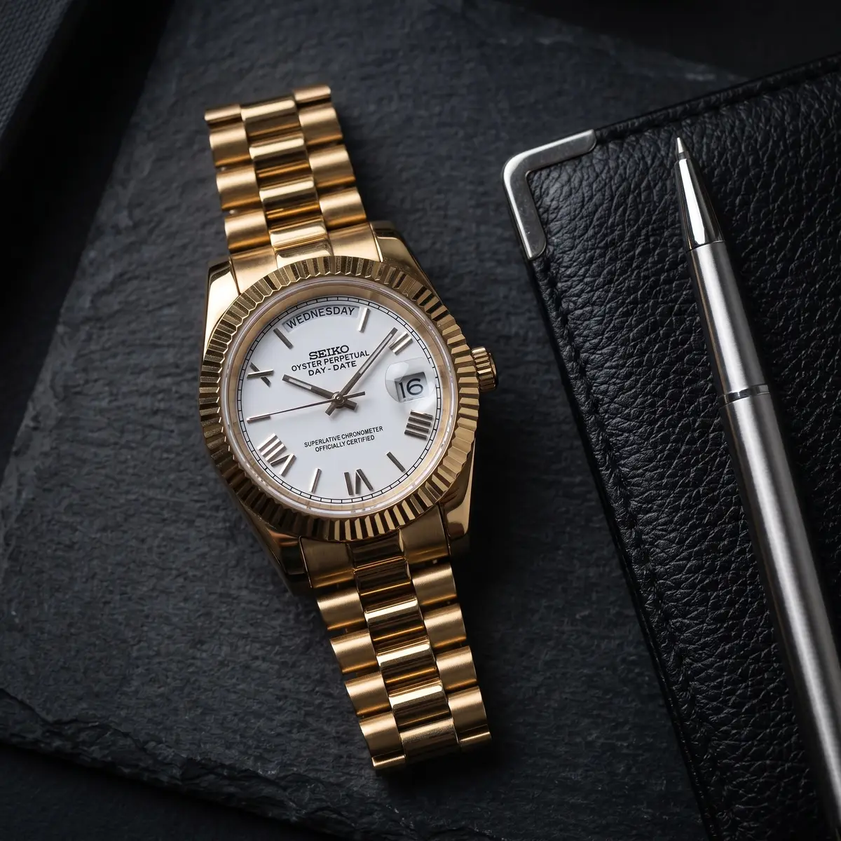 Seiko Mod Uhr DAY MOD – Weißes Zifferblatt im römischen Stil •⁠ Automatikwerk – Flatlay auf Schiefer – MedoMods