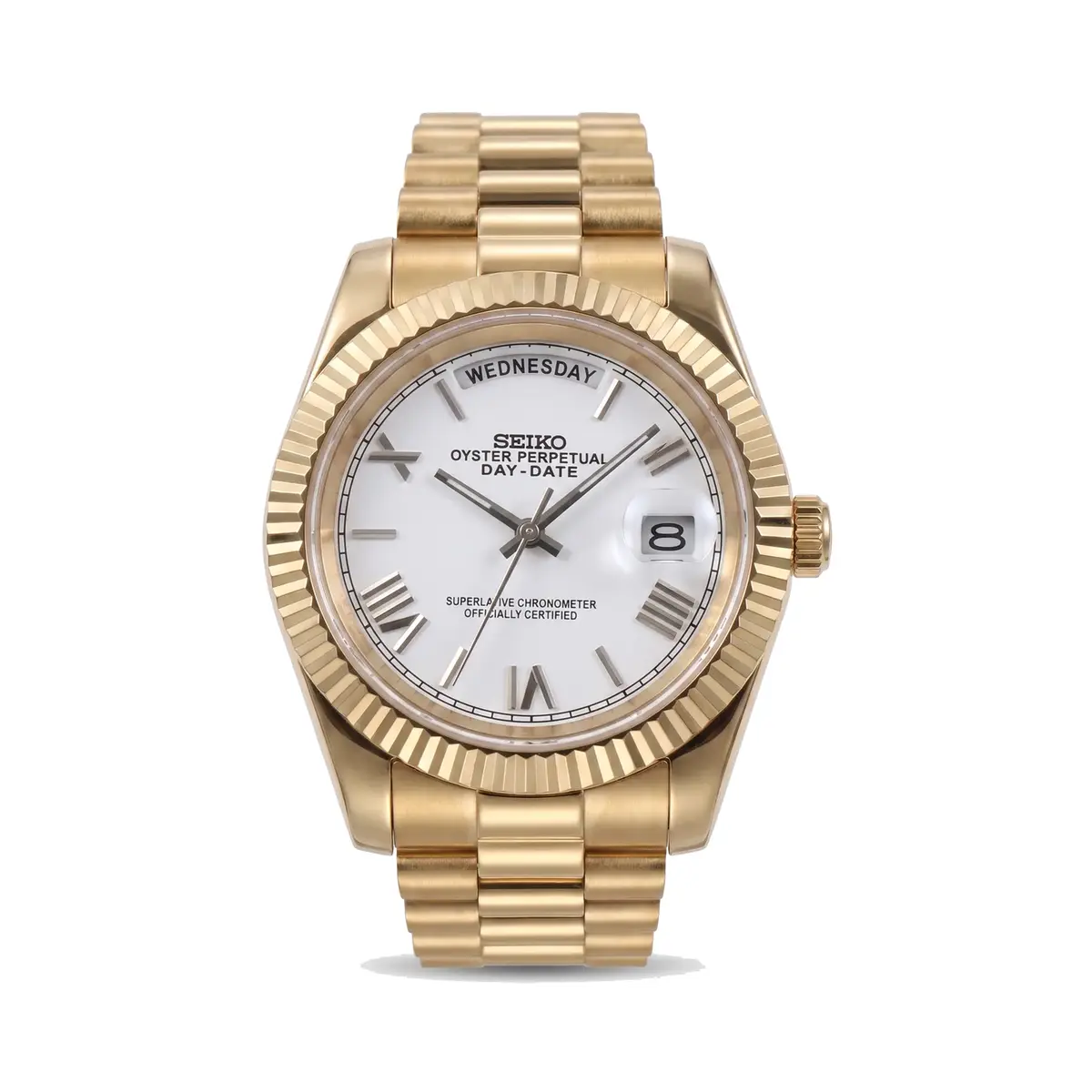 Seiko mod day date white Roman dial gold tone fluted bezel President bracelet NH35 automatic watch