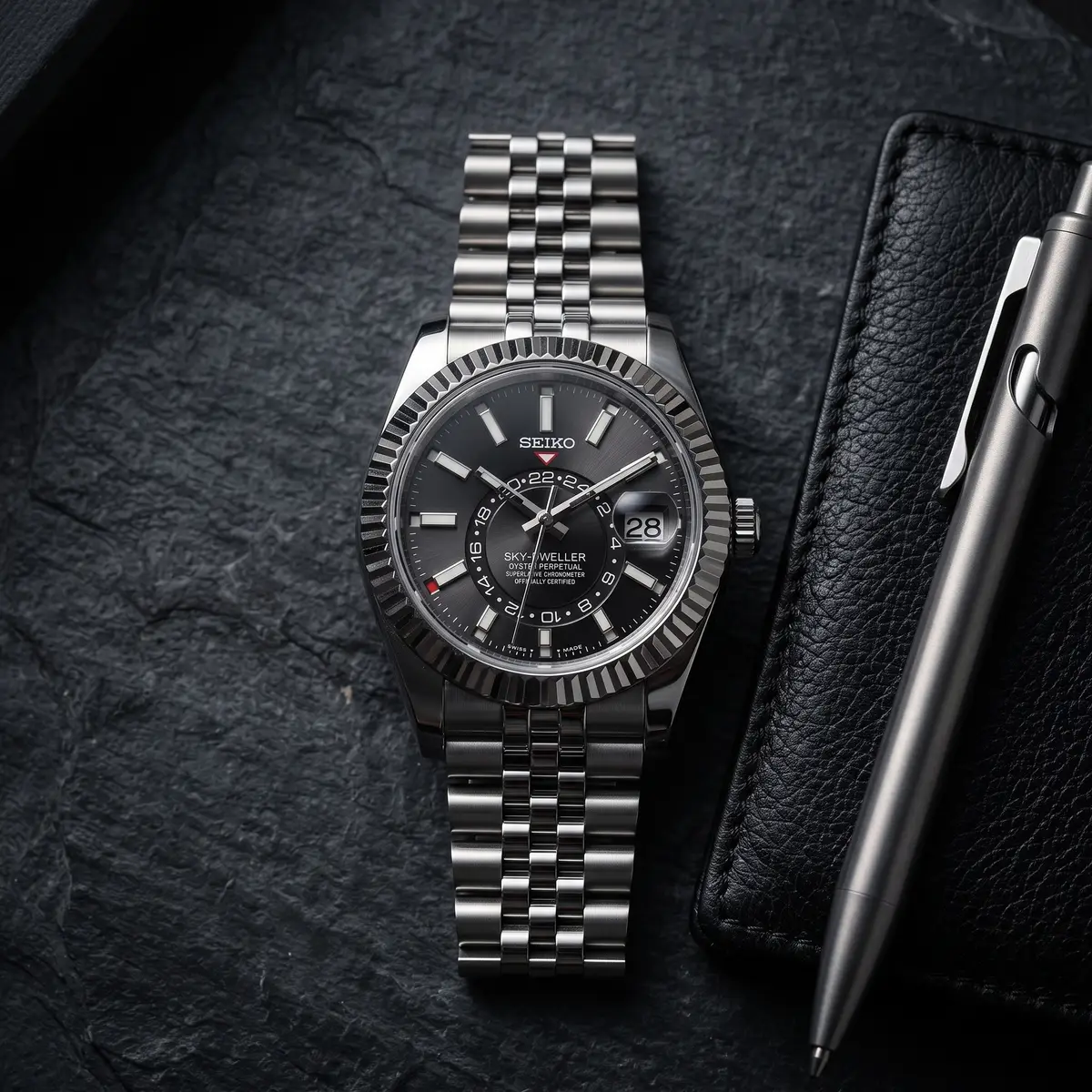 Seiko Mod Uhr DWELLER MOD – SCHWARZ – Flatlay auf Schiefer – MedoMods