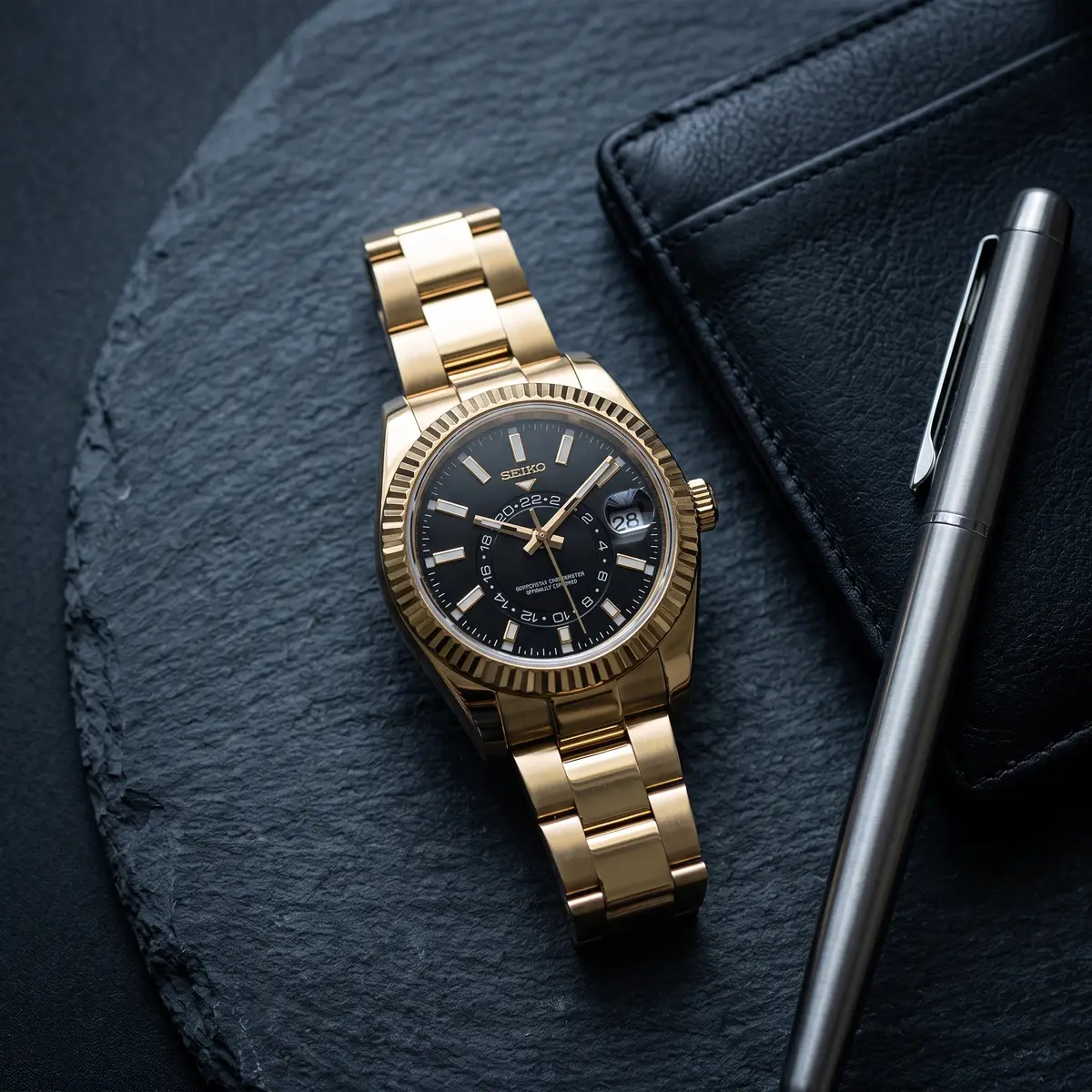 Seiko Mod Uhr DWELLER MOD – Imperial Gold / Schwarz – Flatlay auf Schiefer – MedoMods