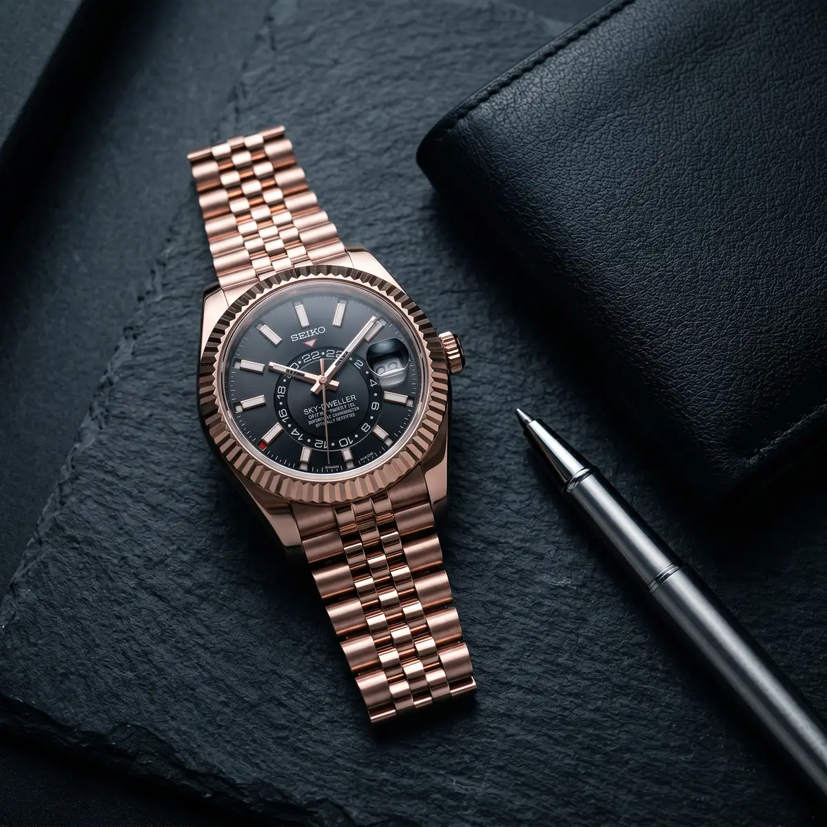 Seiko Mod Uhr DWELLER MOD – Roségold-Schwarz – Flatlay auf Schiefer – MedoMods