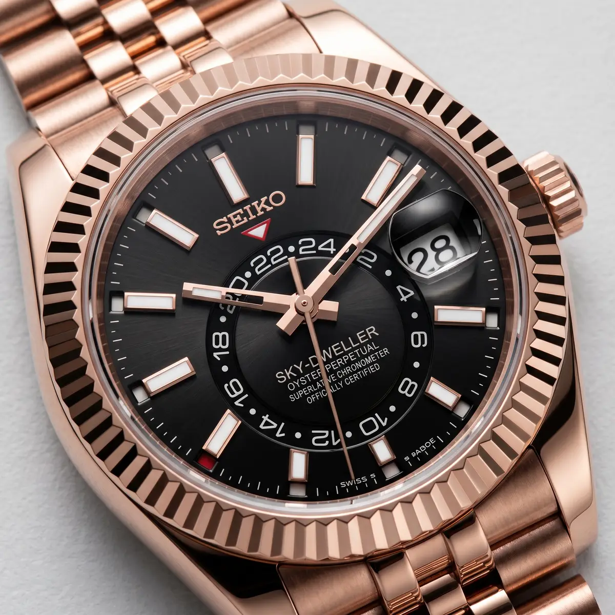 Seiko Mod Uhr DWELLER MOD – Roségold-Schwarz – Zifferblatt Nahaufnahme – MedoMods