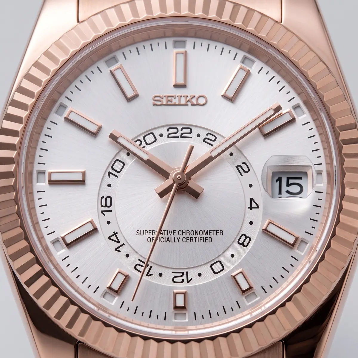 Seiko Mod Uhr DWELLER MOD – Roségold-Weiß – Zifferblatt Nahaufnahme – MedoMods