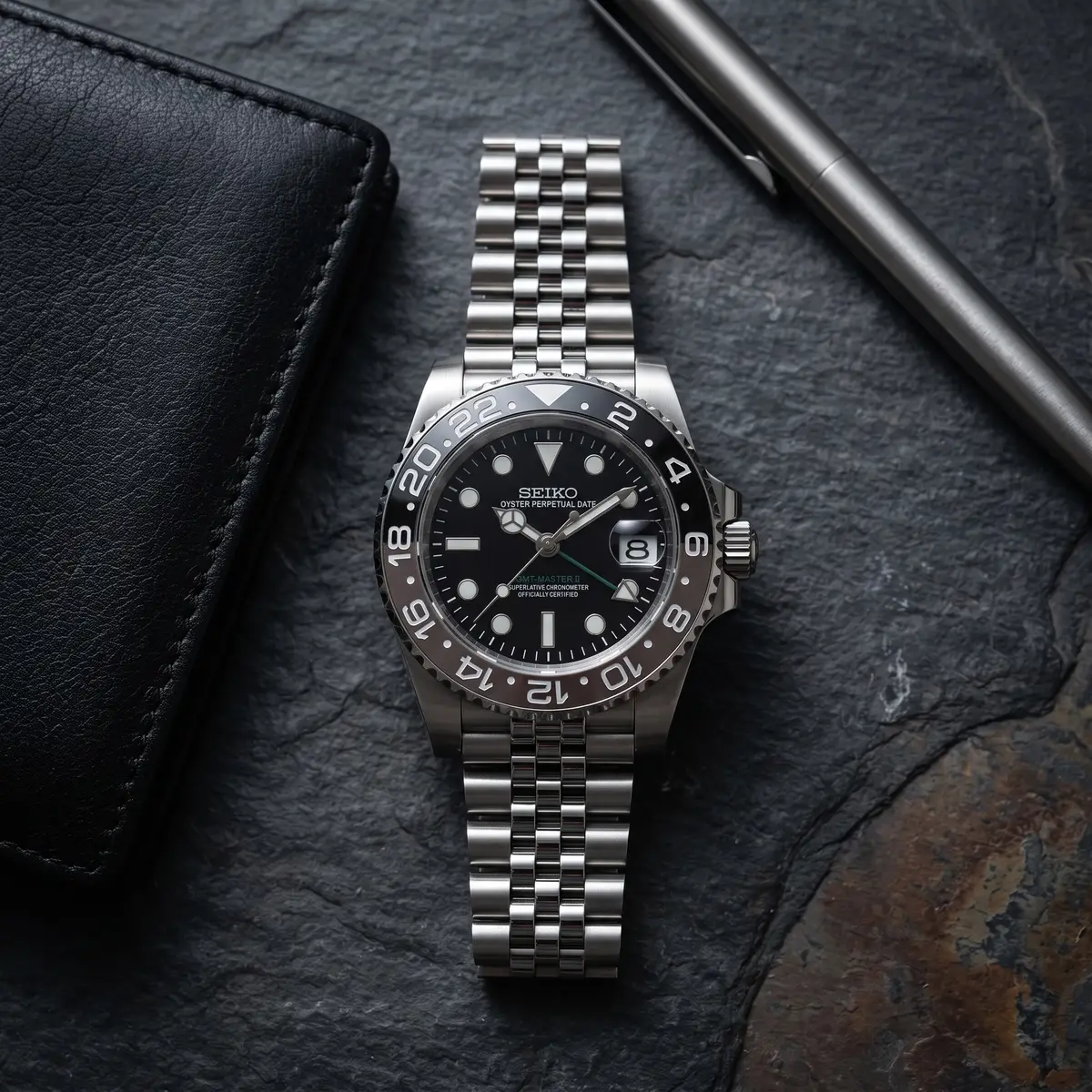 Seiko Mod Uhr GMT MOD – BRUCE WAYNE – Flatlay auf Schiefer – MedoMods