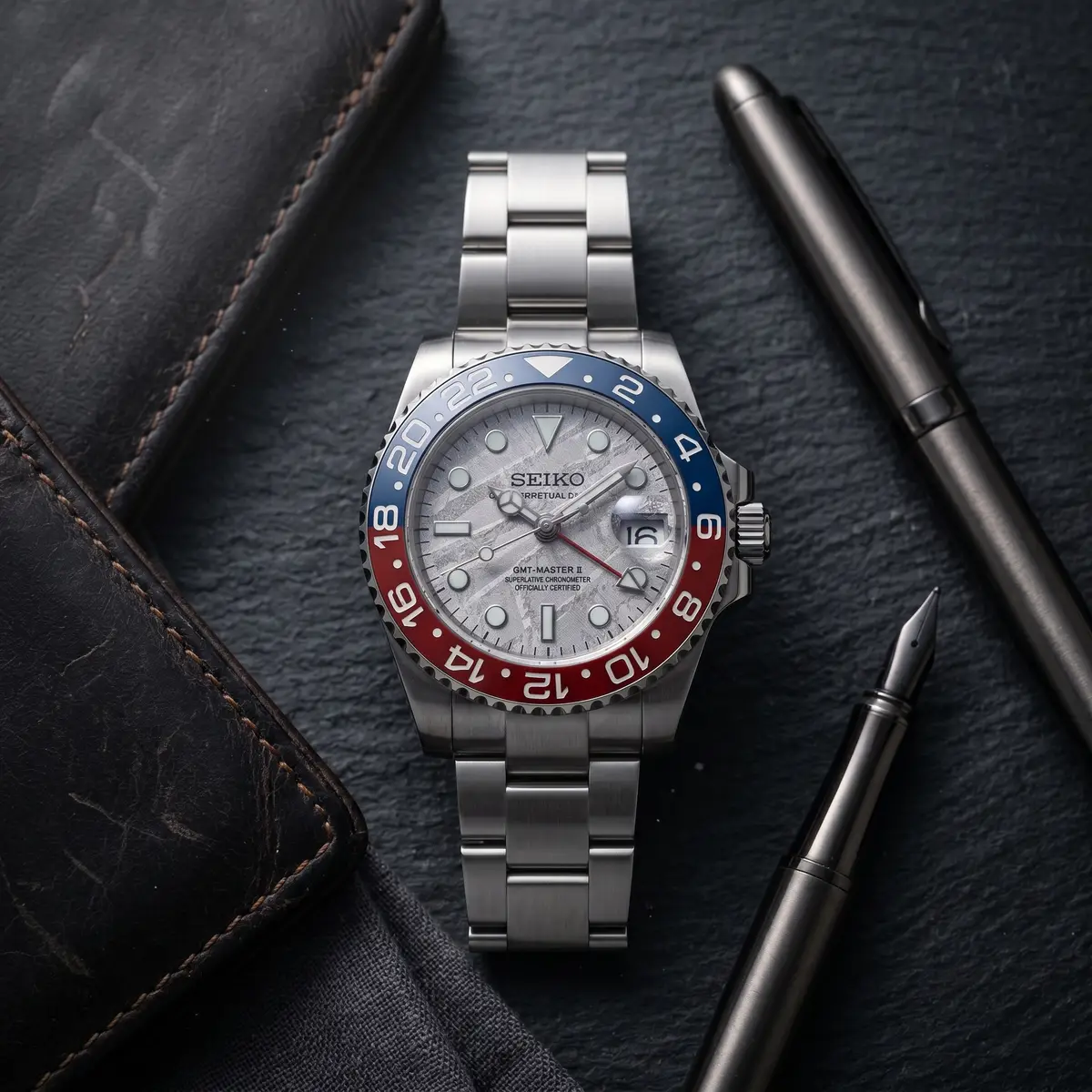 Seiko Mod Uhr GMT MOD – METEORIT – Flatlay auf Schiefer – MedoMods