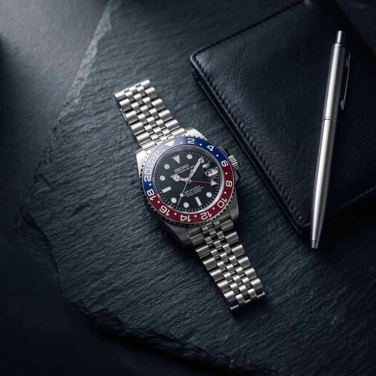 Seiko Mod Uhr GMT MOD – PEPSI – Flatlay auf Schiefer – MedoMods