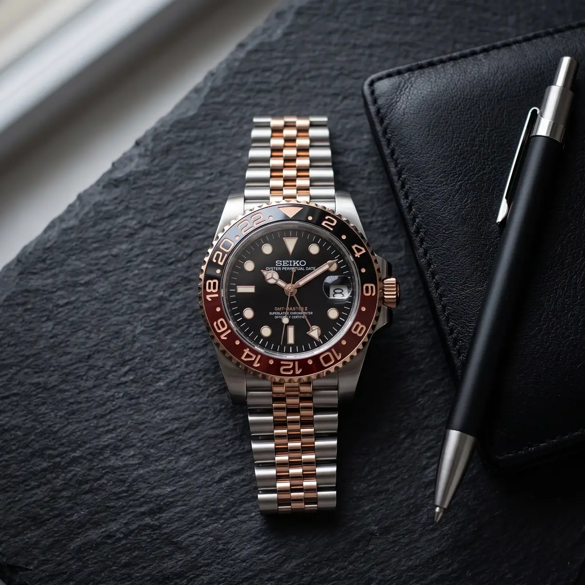 Seiko Mod Uhr GMT MOD – TWO-TONE – ROOT BEER – Flatlay auf Schiefer – MedoMods