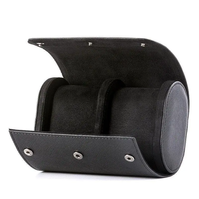 watch travel case black leather open roll pouch with soft cushion interior