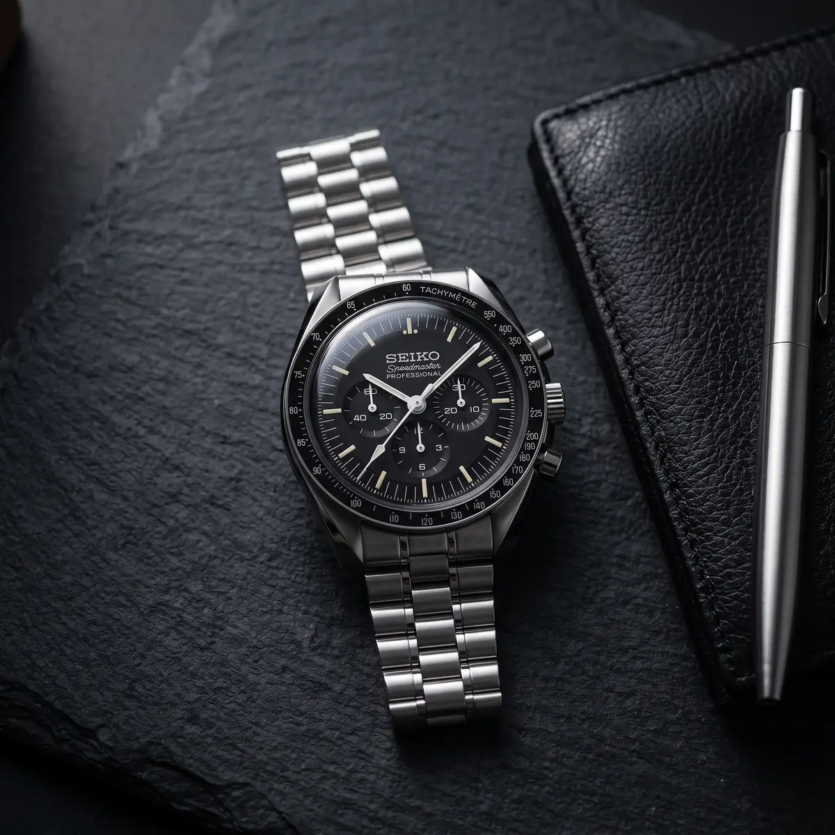 Seiko Mod Uhr MASTER MOD – BLACK MOON – Flatlay auf Schiefer – MedoMods