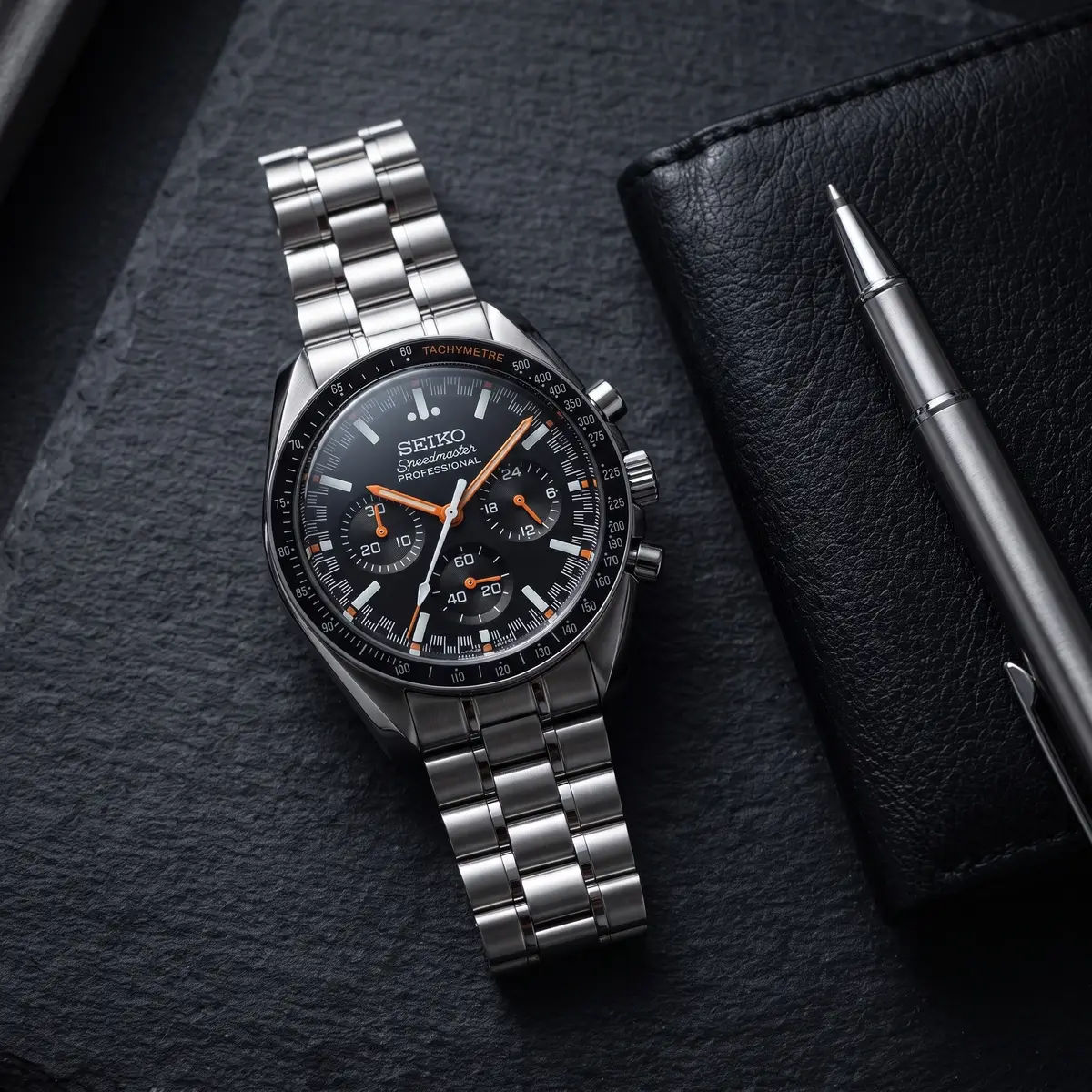 Seiko Mod Uhr MASTER MOD – ORANGE MOON – Flatlay auf Schiefer – MedoMods