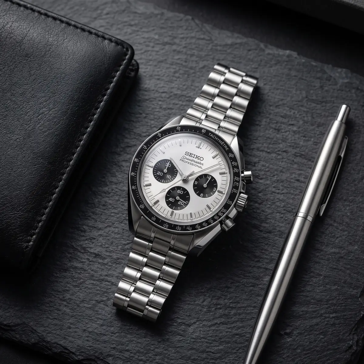 Seiko Mod Uhr MASTER MOD – WHITE MOON – Flatlay auf Schiefer – MedoMods