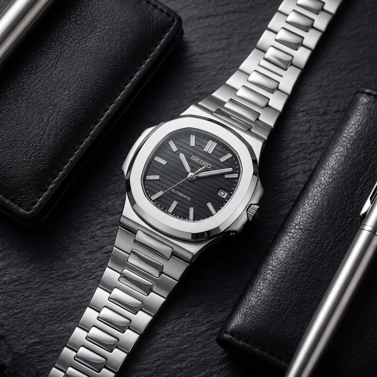 Seiko Mod Uhr NAUT MOD – SCHWARZ – Flatlay auf Schiefer – MedoMods