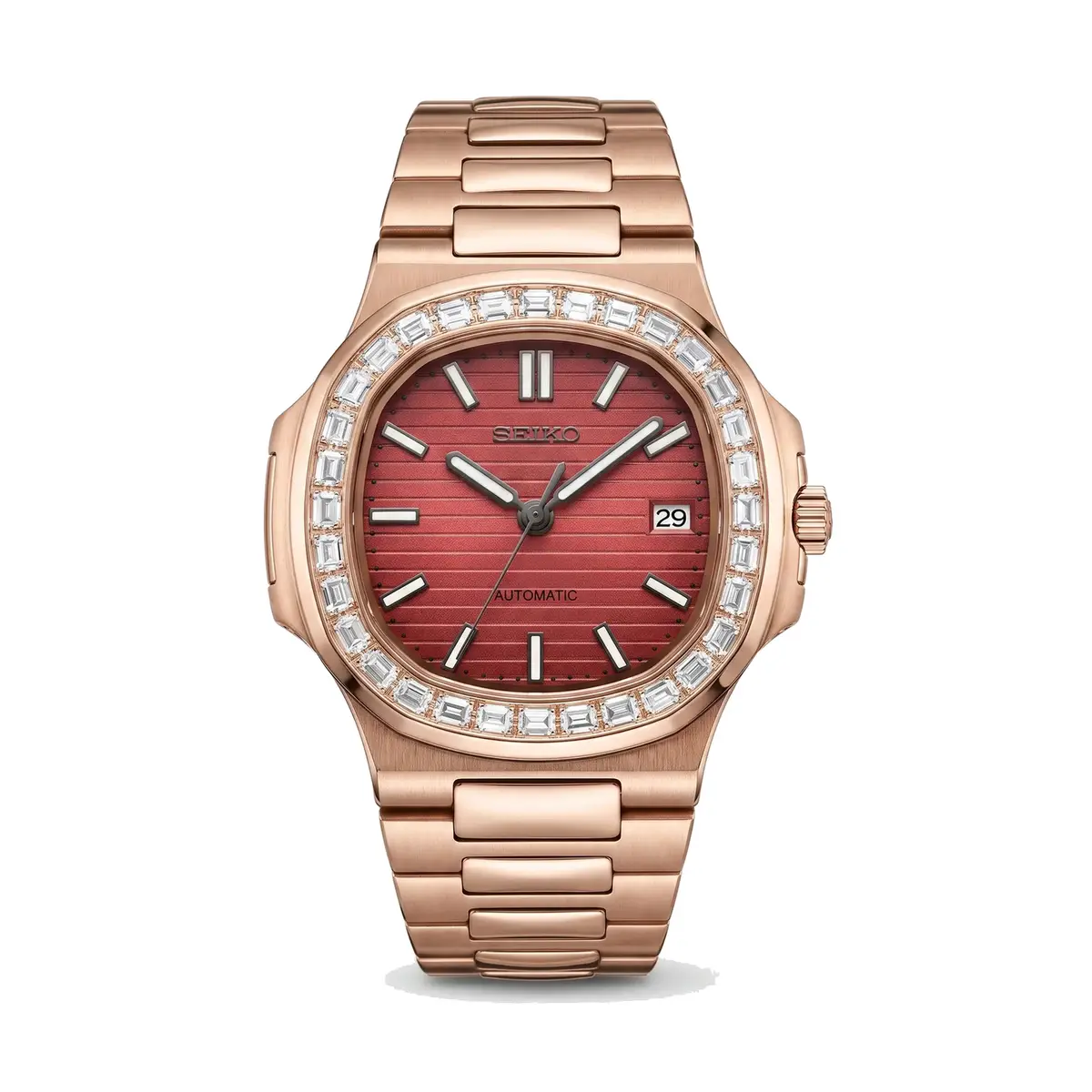 Seiko Mod Uhr NAUT MOD – Burgunderrot (Diamantlünette, roségoldfarben) – Automatik – MedoMods