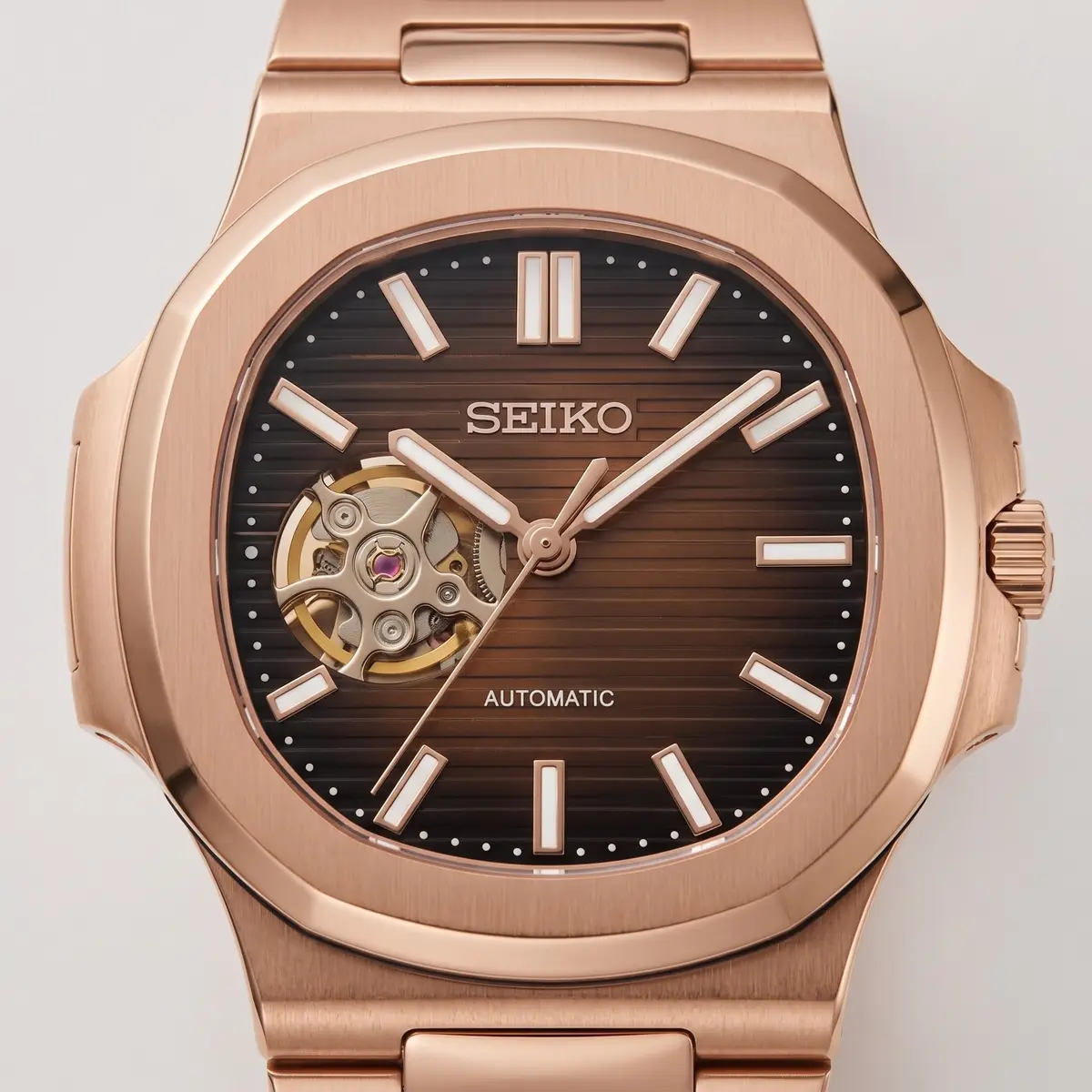 Seiko Mod Uhr NAUT MOD – CHOCOLATE (OPEN HEART) Roségold – Zifferblatt Nahaufnahme – MedoMods