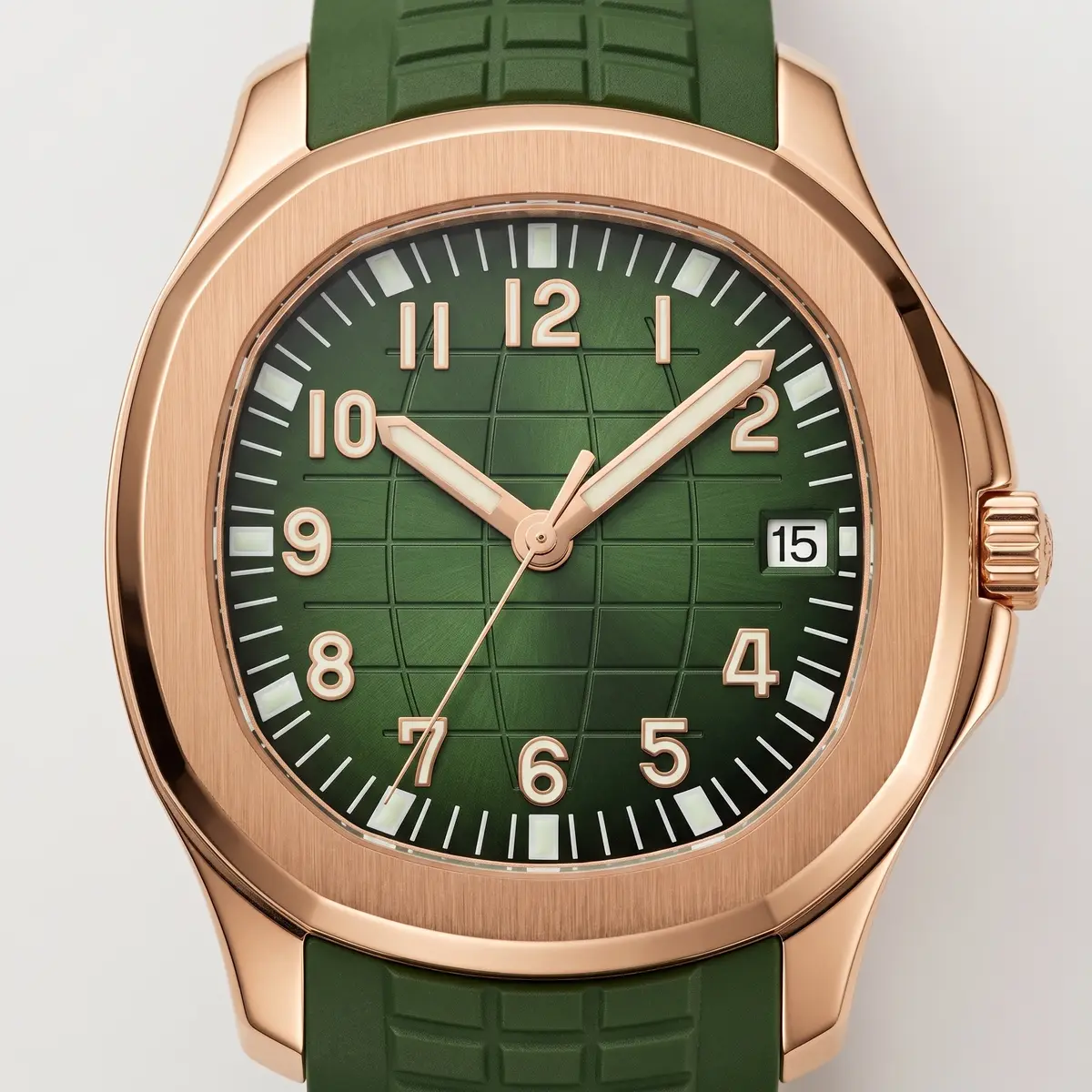 Seiko Mod Uhr NAUT MOD | Grün (Roségoldfarben) – Automatik – Zifferblatt Nahaufnahme – MedoMods