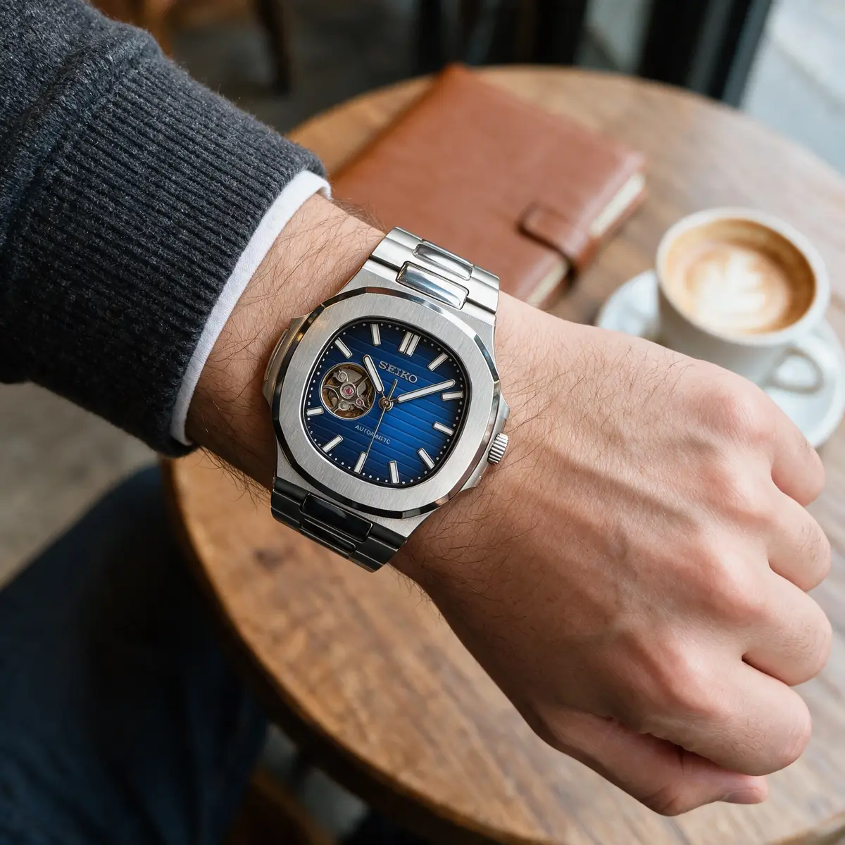 Seiko Mod Uhr NAUT MOD | Open Heart – Blaues Zifferblatt – Automatik – am Handgelenk – Wristshot – MedoMods