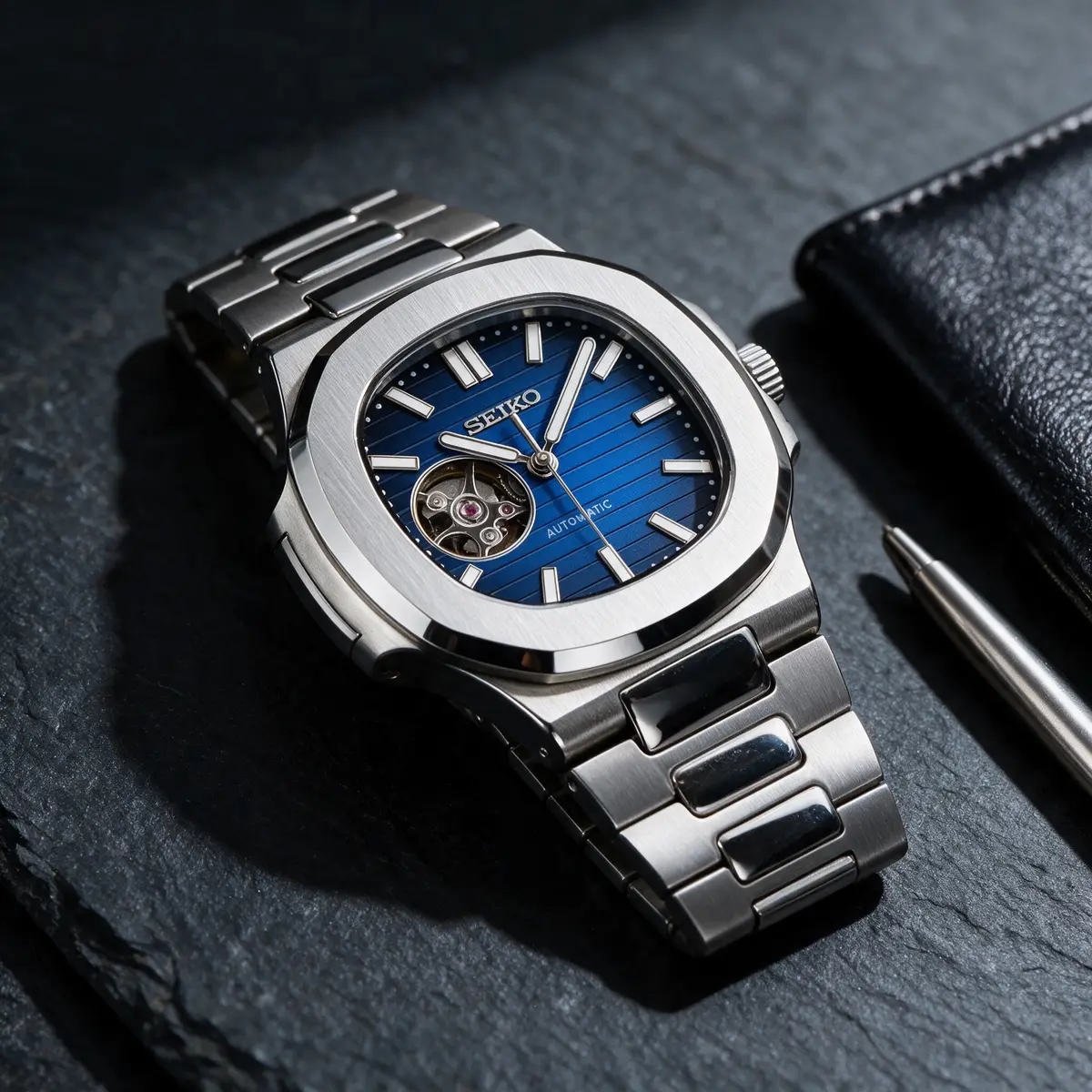 Seiko Mod Uhr NAUT MOD | Open Heart – Blaues Zifferblatt – Automatik – Flatlay auf Schiefer – MedoMods