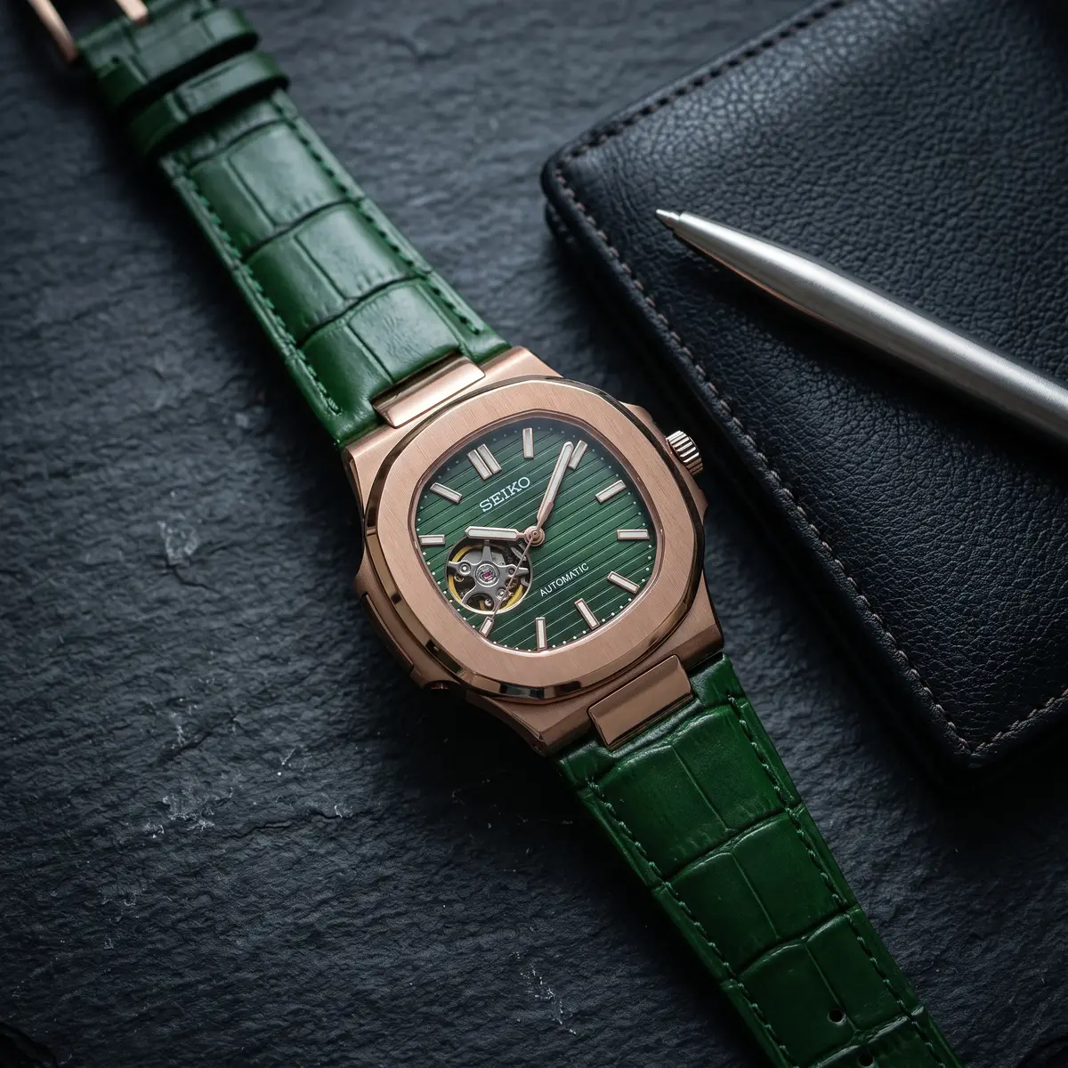 Seiko Mod Uhr NAUT MOD | Open Heart Roségold mit grünem Zifferblatt – Automatik – Flatlay auf Schiefer – MedoMods