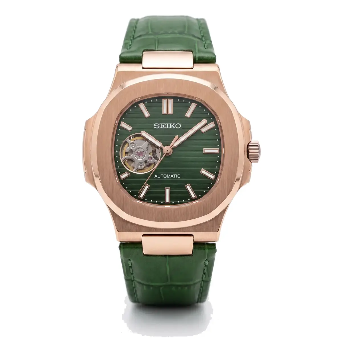 Seiko mod NAUT MOD rose gold open heart watch with green striped dial on wrist
