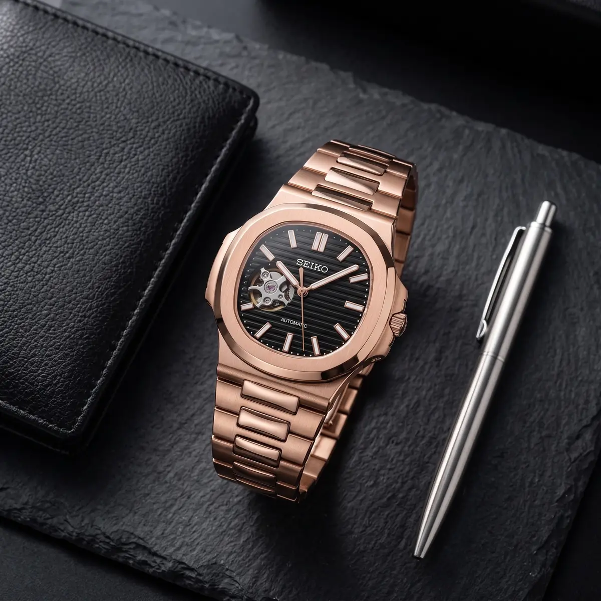 Seiko Mod Uhr NAUT MOD – ROSÉGOLD – SCHWARZ (OFFENES HERZ) – Flatlay auf Schiefer – MedoMods