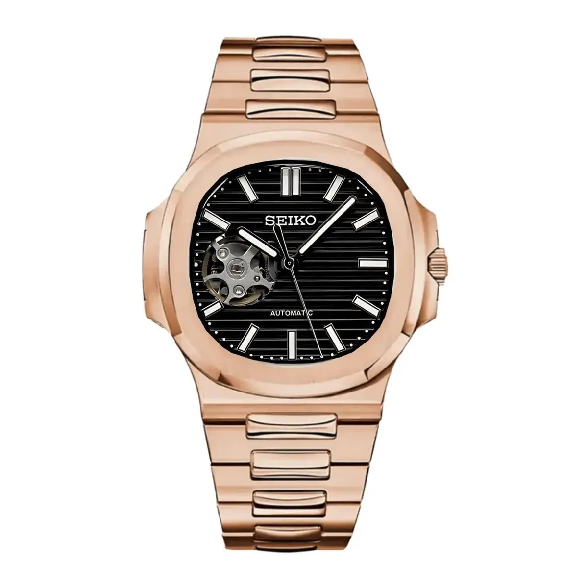 Seiko Mod Uhr NAUT MOD – ROSÉGOLD – SCHWARZ (OFFENES HERZ) – MedoMods