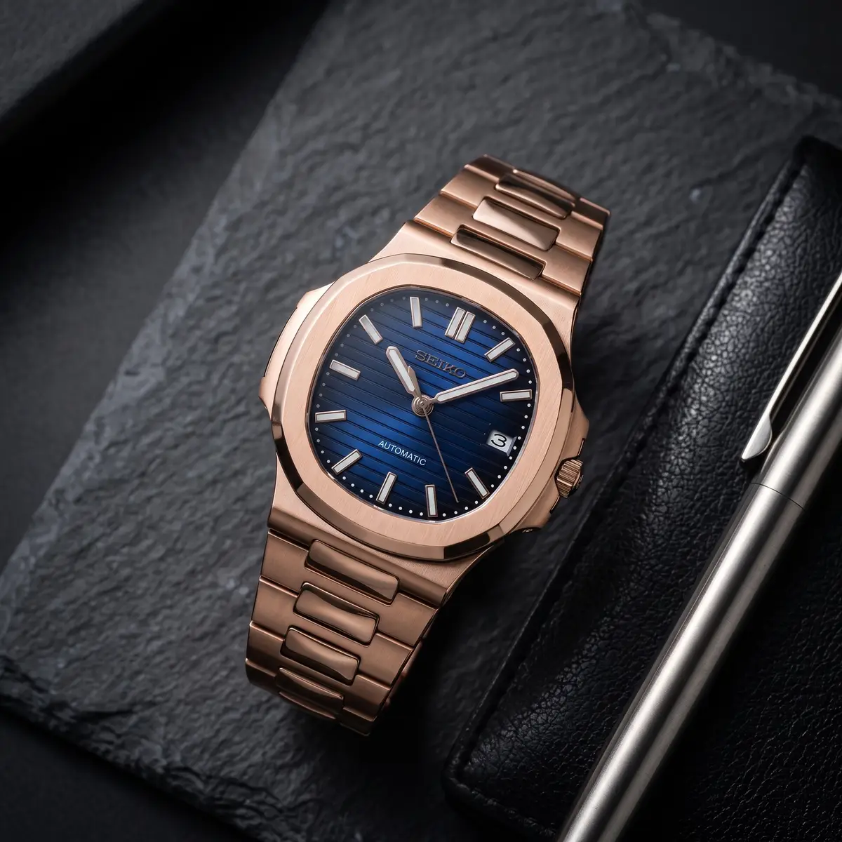 Seiko Mod Uhr NAUT MOD – ROSÉGOLD – BLAU – Flatlay auf Schiefer – MedoMods