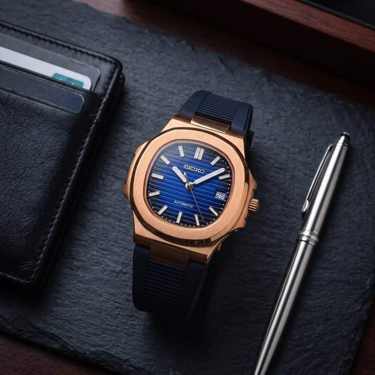 Seiko Mod Uhr NAUT MOD | Roségold-Gehäuse, blaues Zifferblatt, schwarzes Kautschukarmband – Automatik – Flatlay auf Schiefer – MedoMods