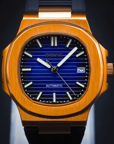 NAUT MOD | Roségold-Gehäuse, blaues Zifferblatt, schwarzes Kautschukarmband – Automatik