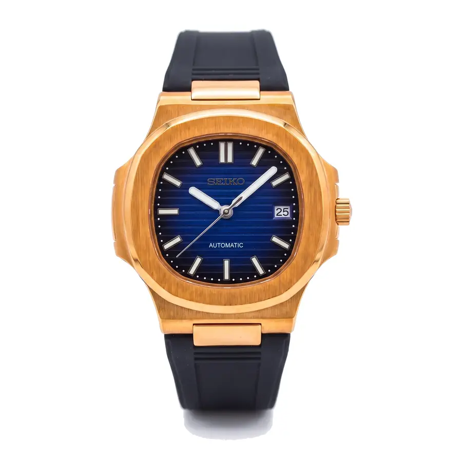 NAUT MOD | Rose Gold Case Blue Dial Black Rubber Strap - Automatic