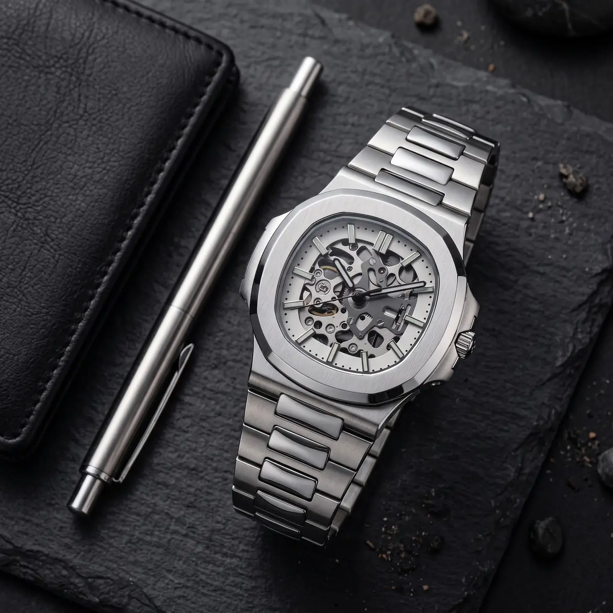 Seiko Mod Uhr NAUT MOD – SKELETON – Flatlay auf Schiefer – MedoMods