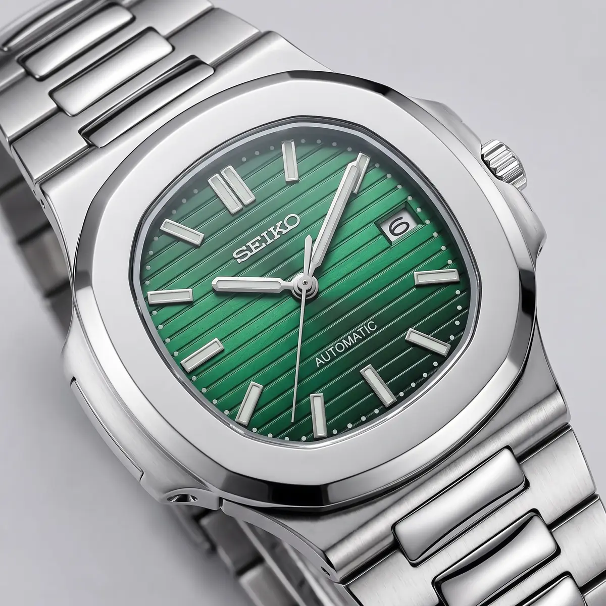 Seiko Mod Uhr NAUT MOD – SUNBURST GRÜN – Zifferblatt Nahaufnahme – MedoMods