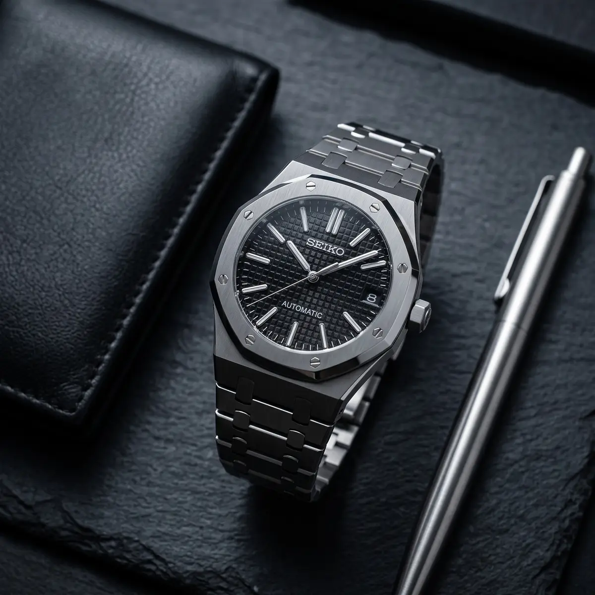 Seiko Mod Uhr OAK MOD – SCHWARZ – Flatlay auf Schiefer – MedoMods