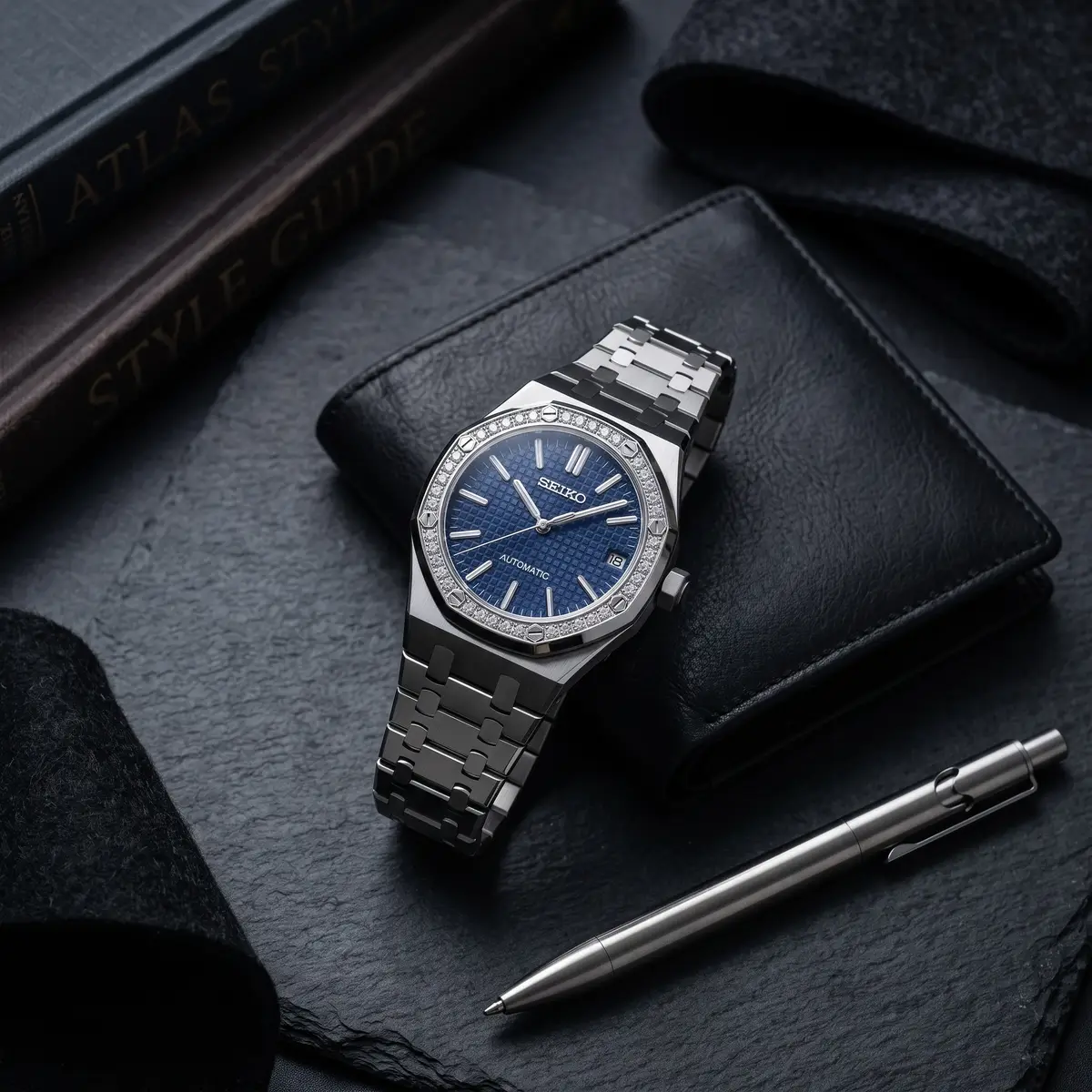 Seiko Mod Uhr EICHENHOLZ – BLAU (GEM) – Flatlay auf Schiefer – MedoMods
