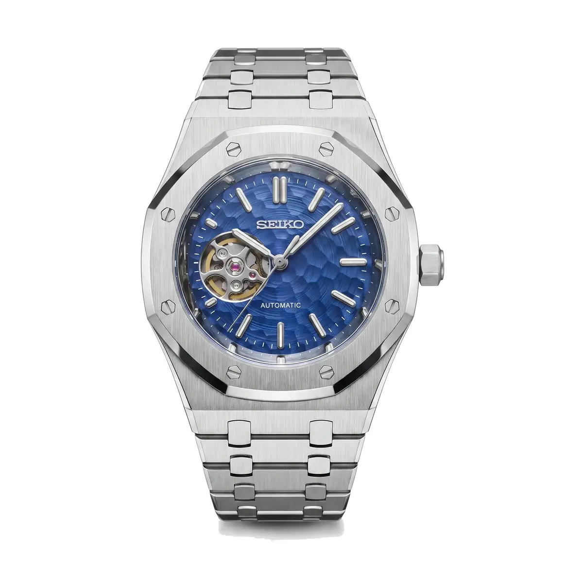 seiko mod royal oak style blue open heart dial NH38 automatic stainless steel integrated bracelet