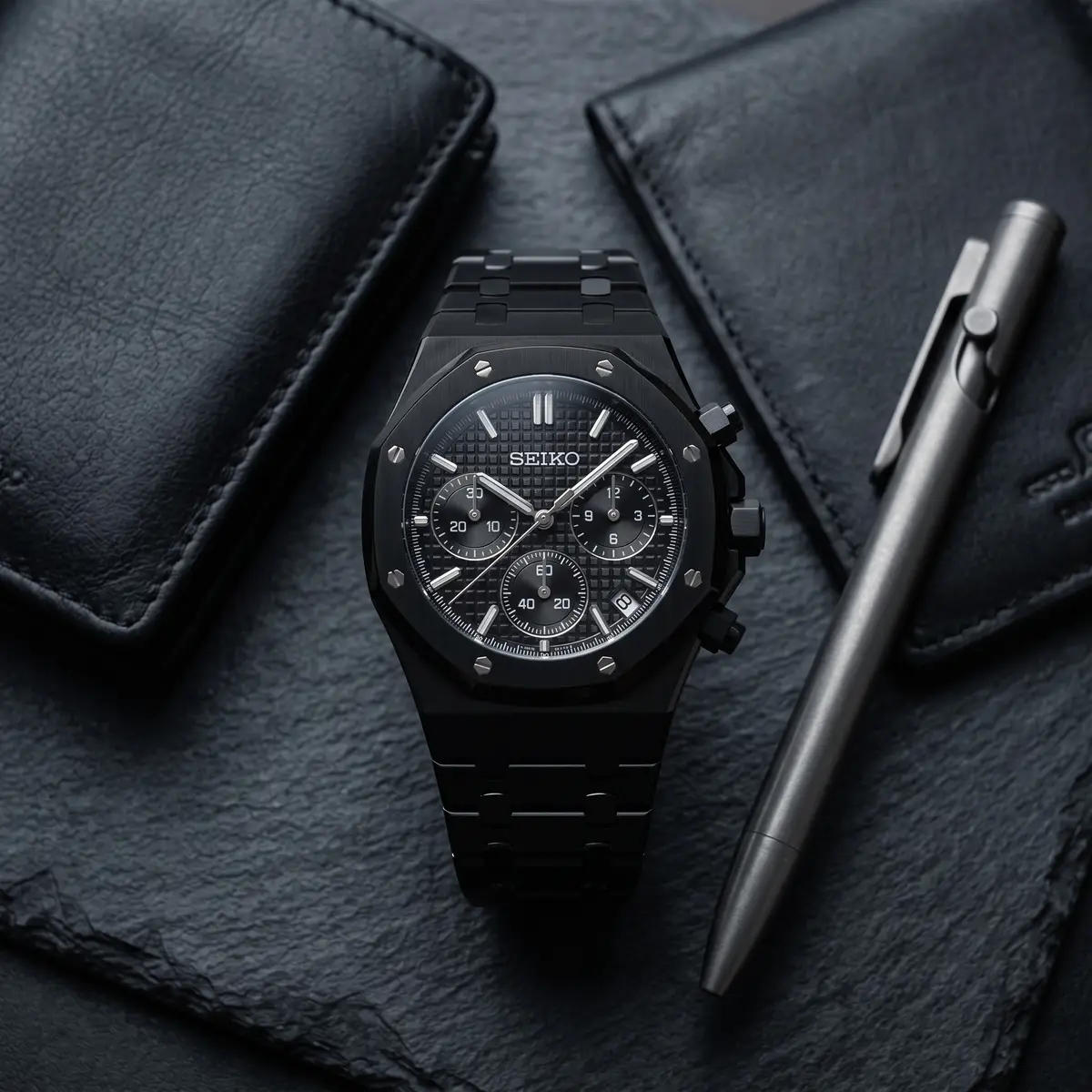 Seiko Mod Uhr OAK MOD CHRONOGRAPH – BLACKED OUT – Flatlay auf Schiefer – MedoMods