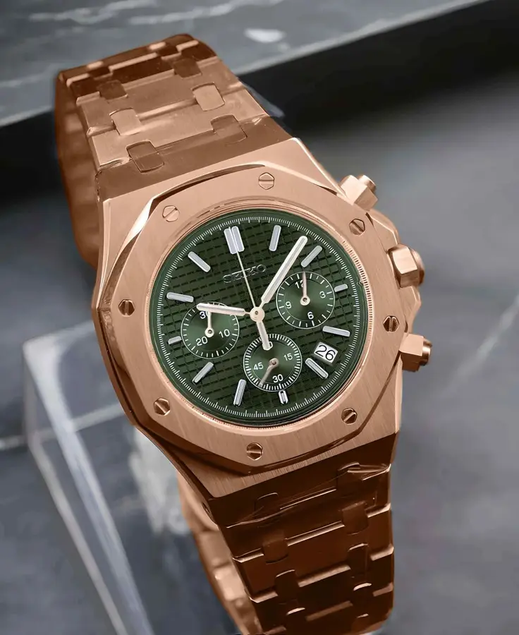 OAK MOD | Modello cronografo – Finitura oro rosa – Quadrante verde