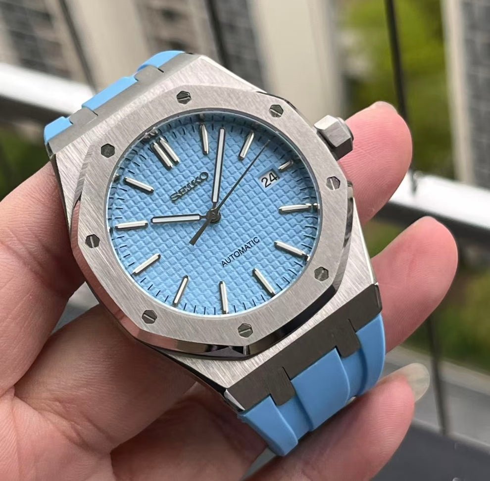 OAK MOD | Eisblaues Zifferblatt mit Struktur – Blaues Kautschukarmband
