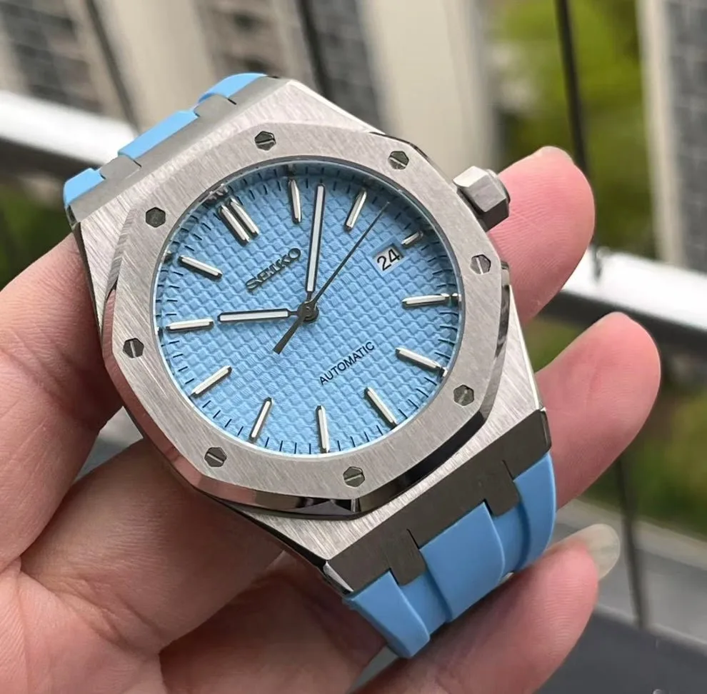 OAK MOD | Eisblaues Zifferblatt mit Struktur – Blaues Kautschukarmband