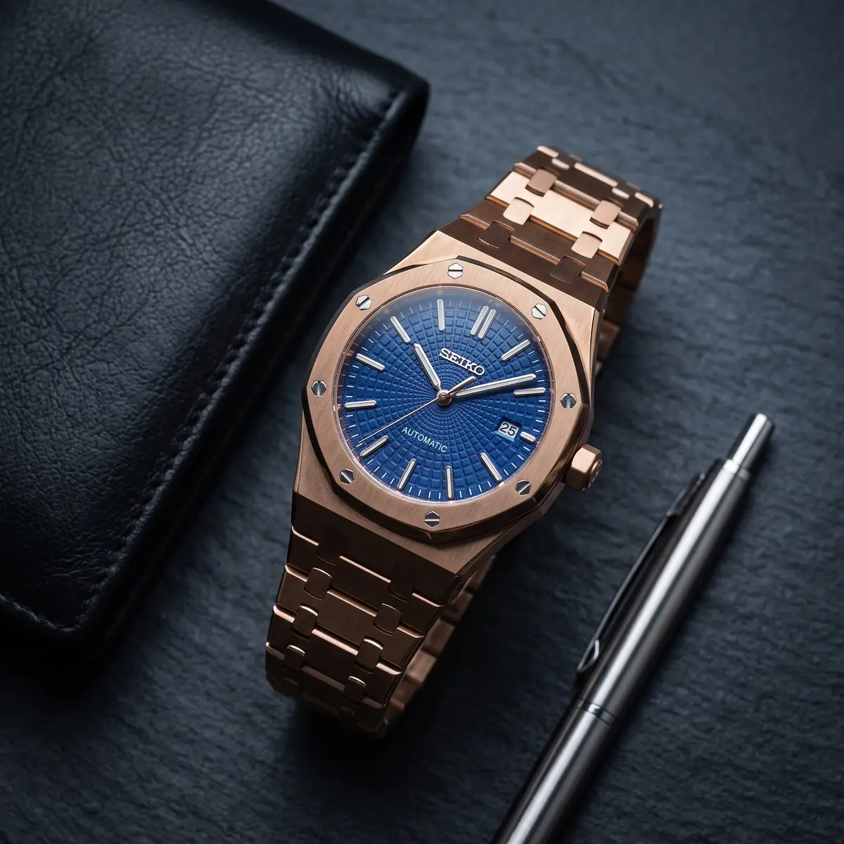 Seiko Mod Uhr OAK MOD | Roségold / Marineblau – Integriertes Armband – Flatlay auf Schiefer – MedoMods