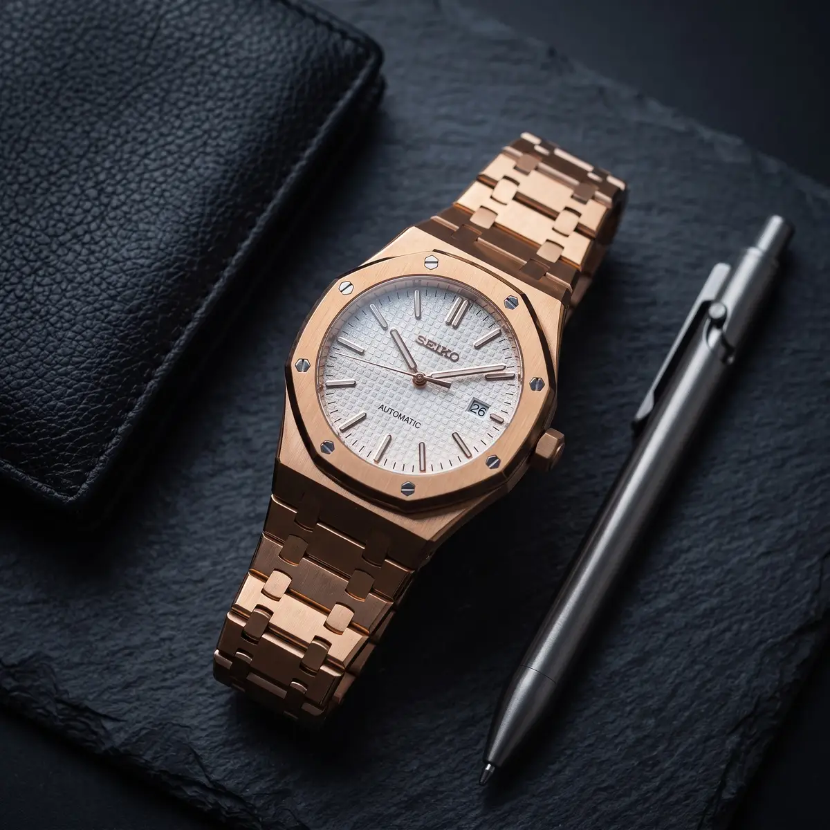 Seiko Mod Uhr OAK MOD | Roségold / Weiß – Integriertes Armband – Flatlay auf Schiefer – MedoMods