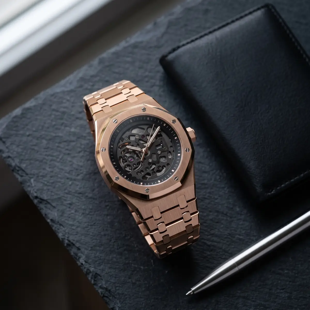 Seiko Mod Uhr OAK MOD – SKELETON ROSE – SCHWARZ – Flatlay auf Schiefer – MedoMods
