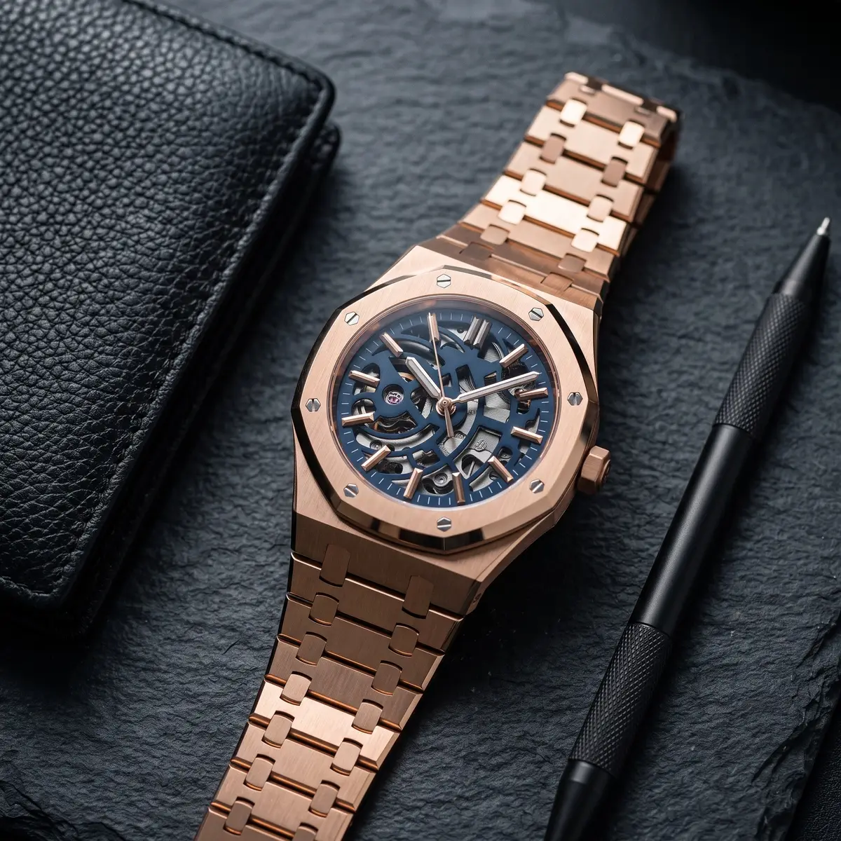 Seiko Mod Uhr EICHENHOLZ – SKELETON ROSE – BLAU – Flatlay auf Schiefer – MedoMods