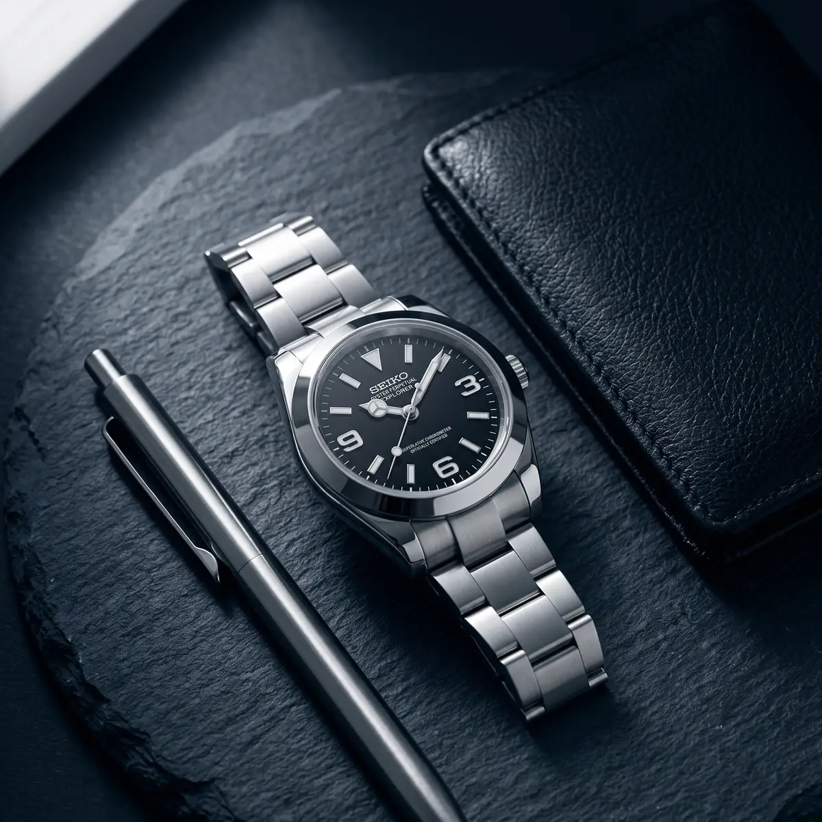 Seiko Mod Uhr OYST MOD – SCHWARZ – Flatlay auf Schiefer – MedoMods