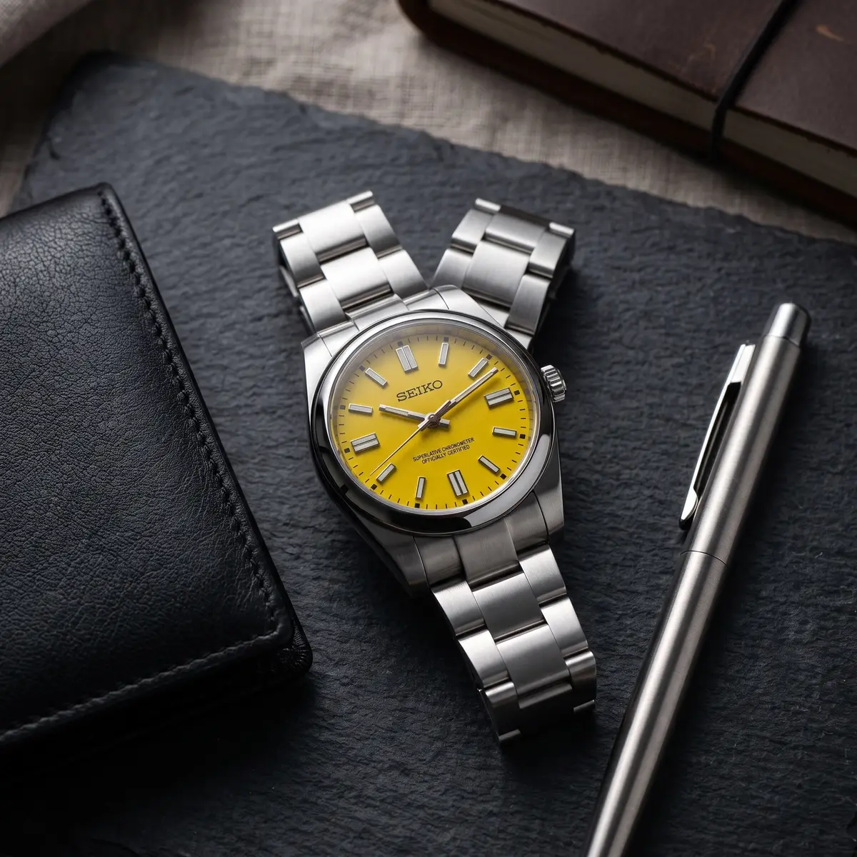 Seiko Mod Uhr OYST MOD – GELB – Flatlay auf Schiefer – MedoMods