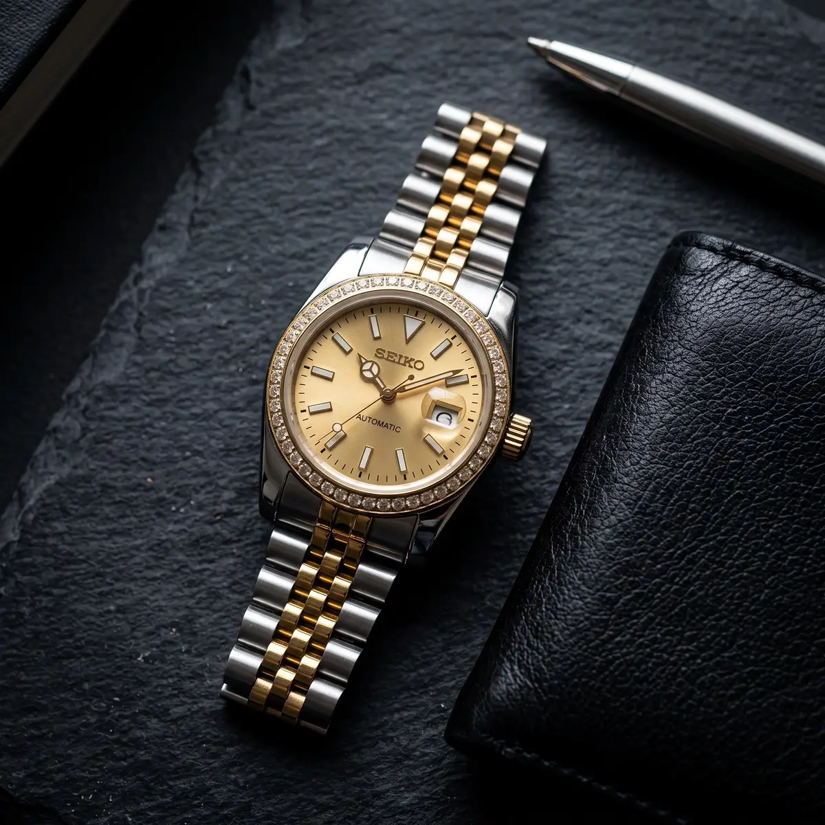 Seiko Mod Uhr SEIKO MOD Damen – Champagner – Automatik | MedoMods – Flatlay auf Schiefer – MedoMods