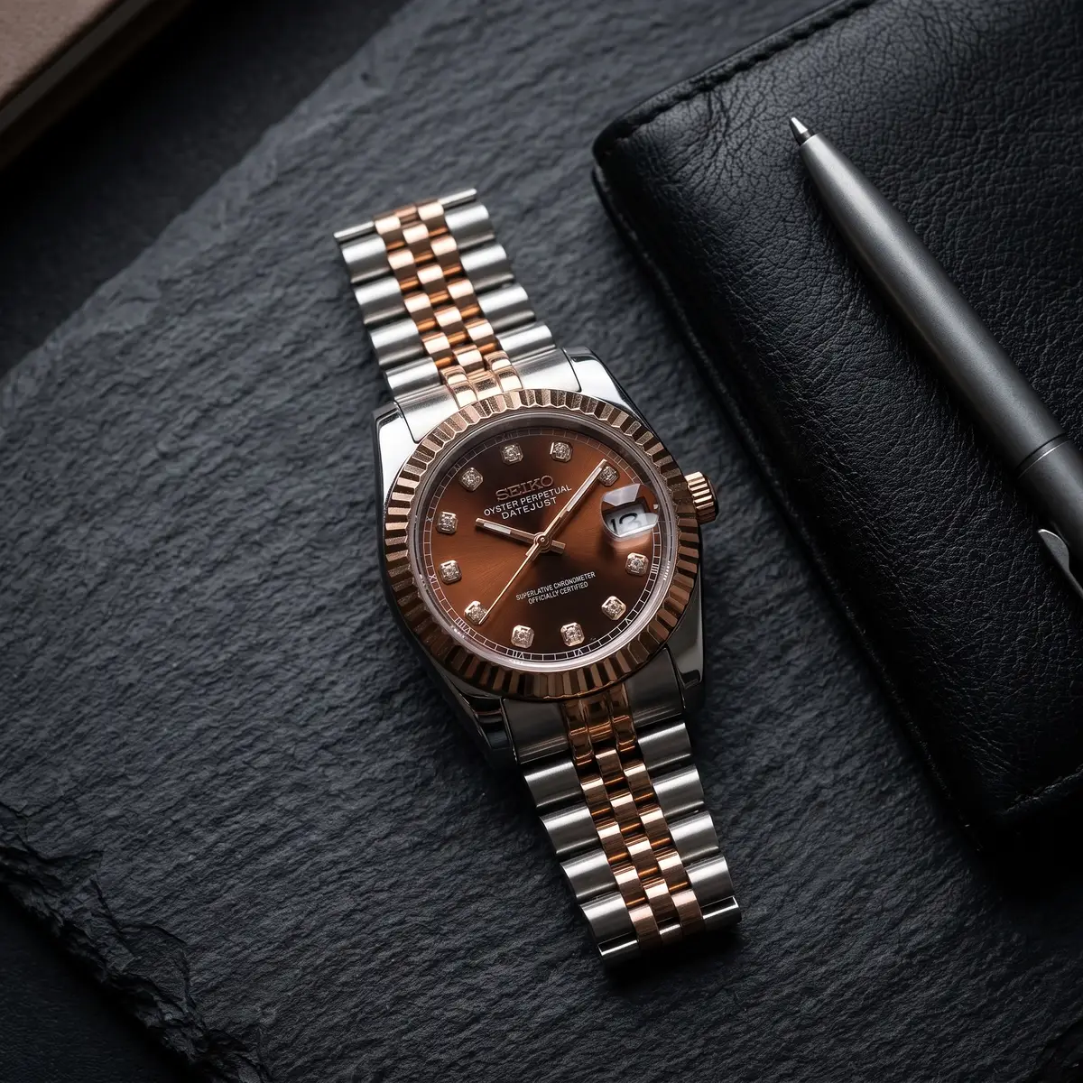 Seiko Mod Uhr SEIKO MOD Damen – Chocolate – Automatik | MedoMods – Flatlay auf Schiefer – MedoMods